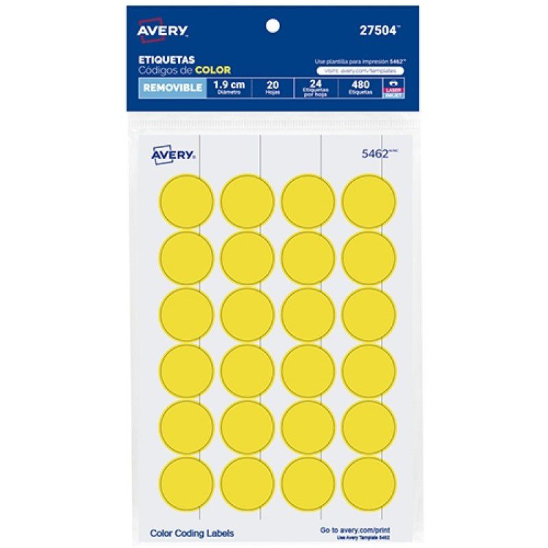 AVERY ETIQUETA REDONDA 1.9CM CON 480 ETIQUETAS COLOR AMARILLO-27504