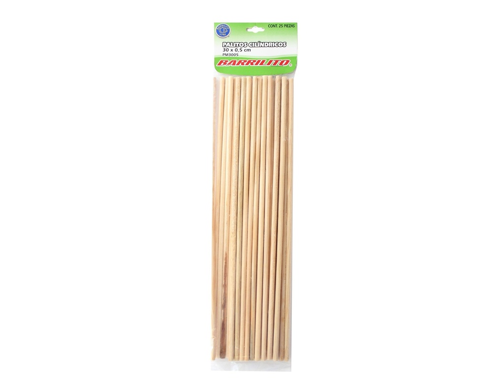 BARRILITO PALITOS CILINDRICOS DE MADERA 5MM X 300MM BOLSA CON 35 PZAS-PM3005