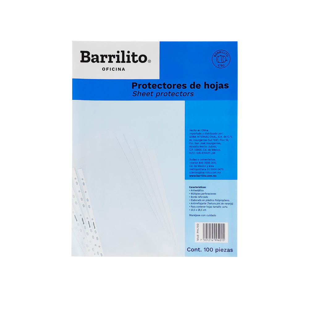 BARRILITO PROTECTOR DE HOJAS TAMAÑO CARTA BOLSA CON 100 PZAS-PHL100