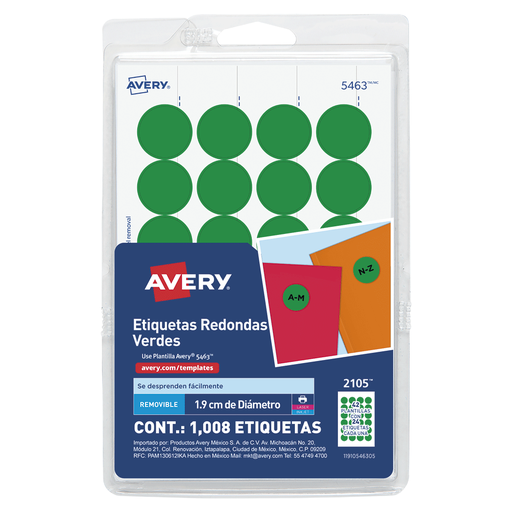 [AVE-ETI-2105] AVERY ETIQUETA REDONDA 1.9 CM CON 1008 ETIQUETAS COLOR VERDE-2105