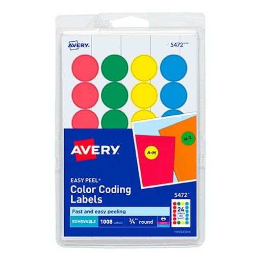[AVE-ETI-5472] AVERY ETIQUETA REDONDA 1.9 CM CON 1008 ETIQUETAS VARIOS COLORES-5472