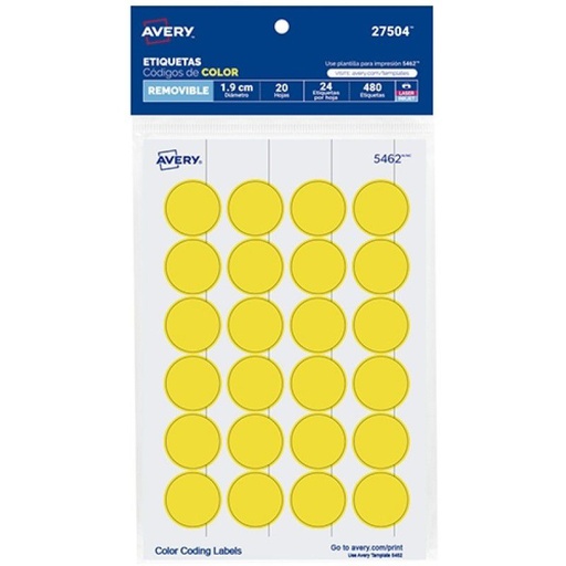 [AVE-ETI-27504] AVERY ETIQUETA REDONDA 1.9CM CON 480 ETIQUETAS COLOR AMARILLO-27504
