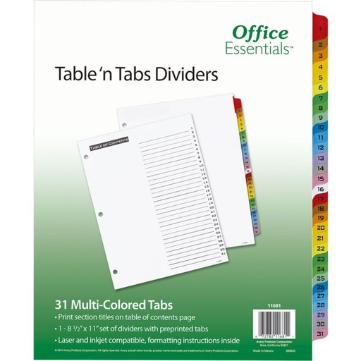 [AVE-SEP-11681] AVERY SEPARADOR BLANCO CARTA 31 DIVISIONES PESTAÑAS MULTICOLOR-11681