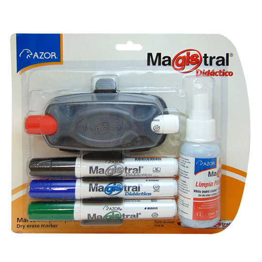 AZOR MARCADOR MAGISTRAL PARA PIZARRON BLISTER CON 4 COLORES BORRADOR Y LIMPIADOR-301.8350-K