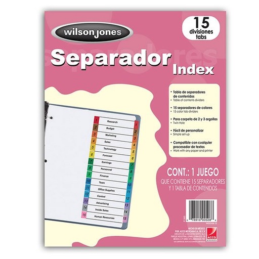 [WJO-SEP-P1365] WILSON JONES SEPARADOR BASICO CARTA 15 DIVISIONES BLANCO PESTAÑAS MULTICOLOR-P1365
